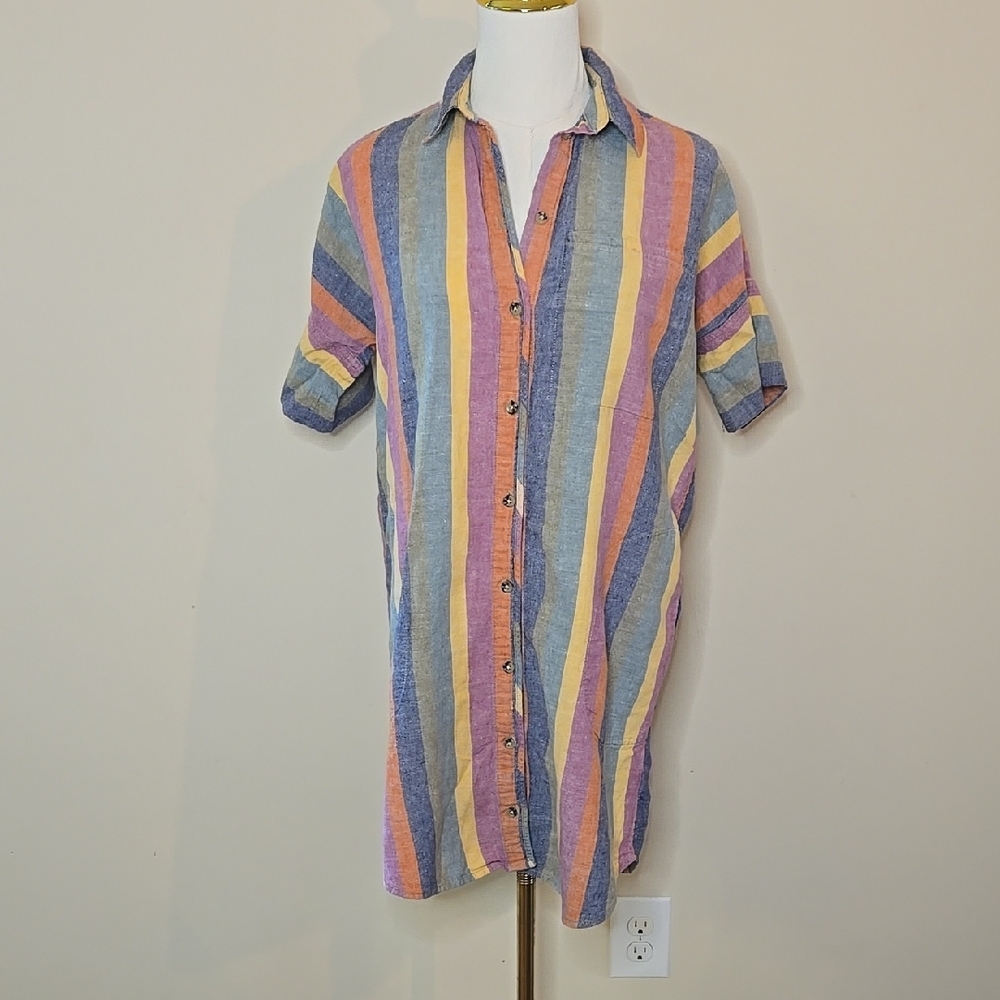 Madewell Blue Orange Linen Cotton Button Down Casual Dress XS